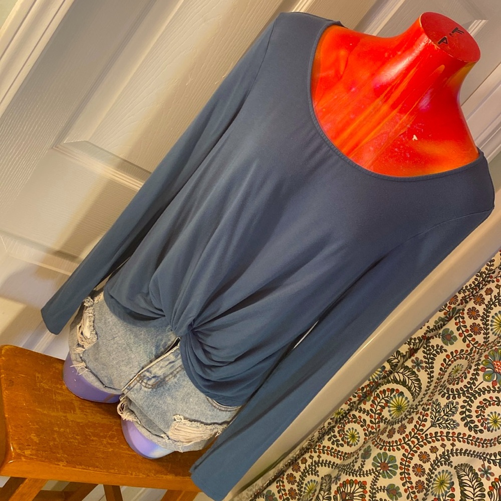 Love Tree Blue Tie Front Long Sleeve Blouse